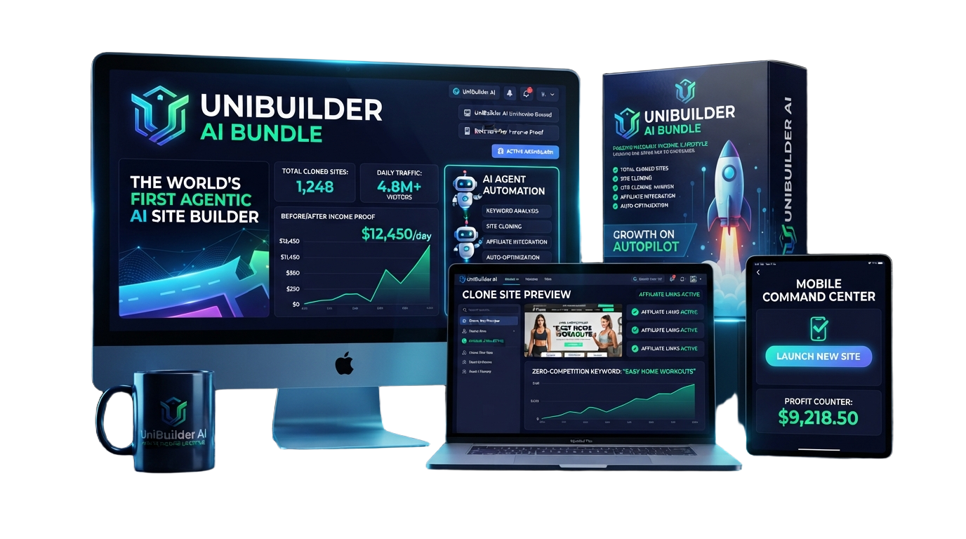 Complete UniBuilder AI Bundle product stack shown across desktop, laptop and mobile devices