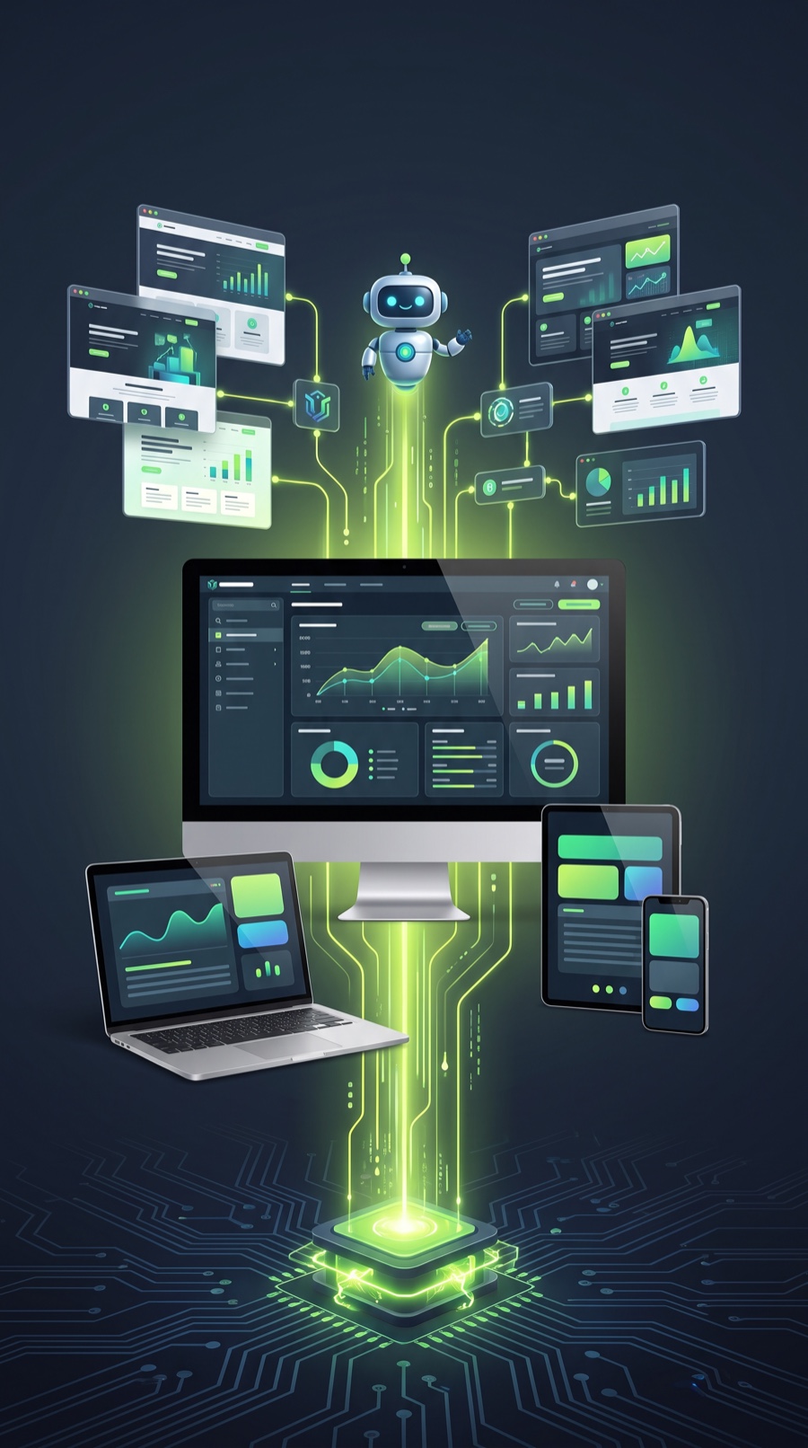 A compact glowing UniBuilder starter core expanding into a complete autonomous website-building ecosystem across desktop, laptop, tablet and mobile devices