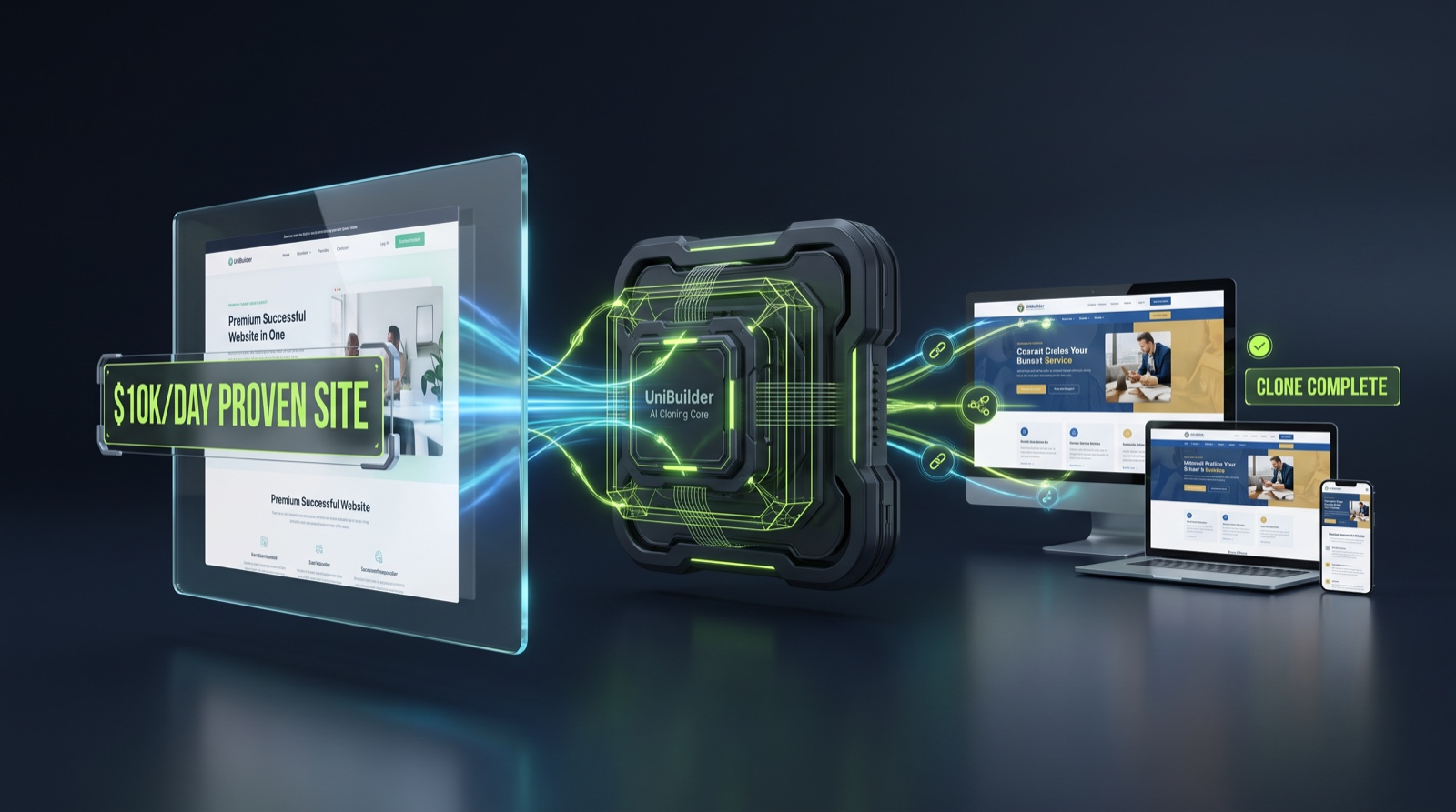 A proven ten-thousand-dollar-per-day website passing through the UniBuilder AI cloning core and emerging as a completed responsive website