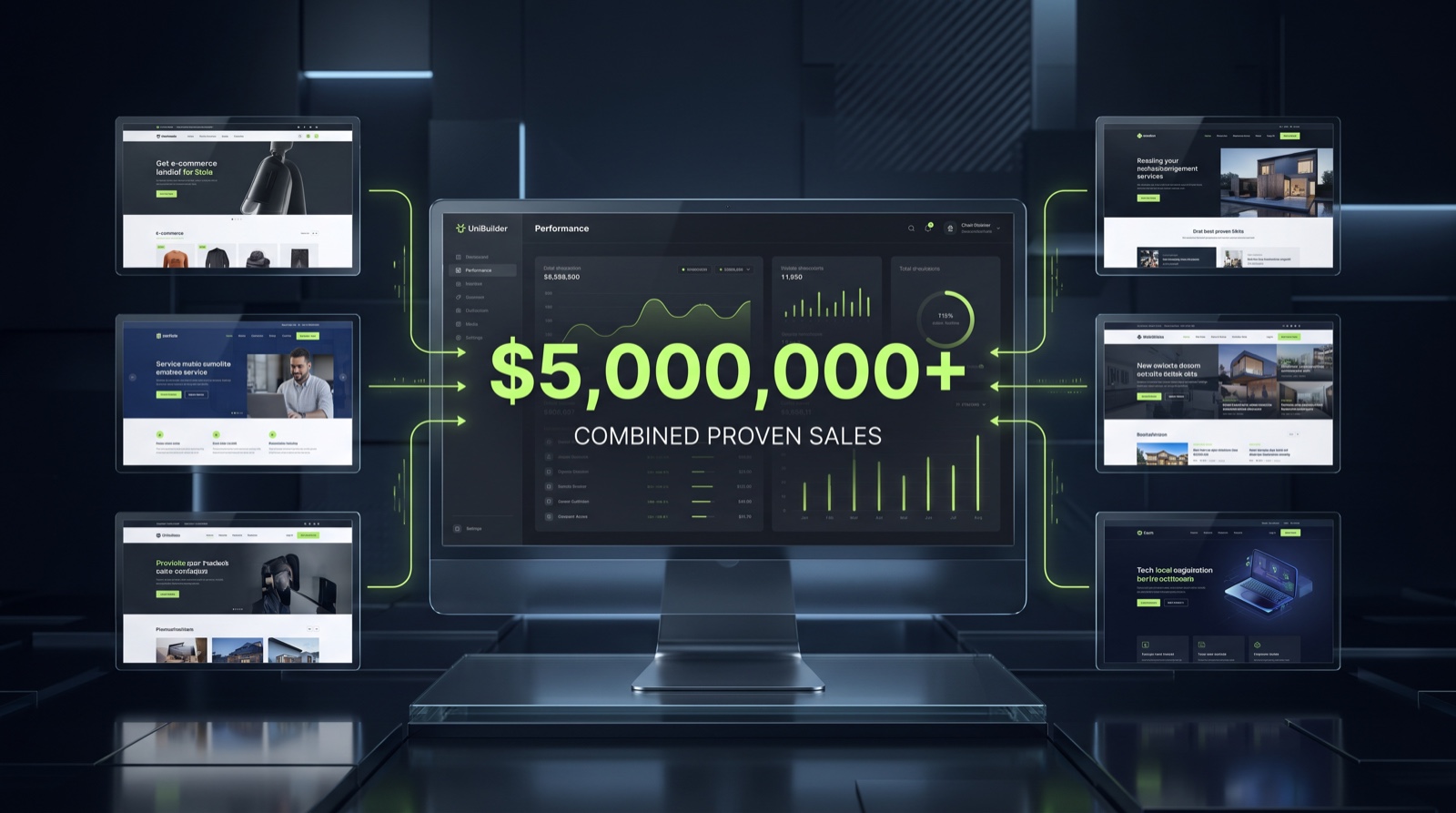 Six proven website properties feeding into a UniBuilder performance dashboard showing more than five million dollars in combined proven sales