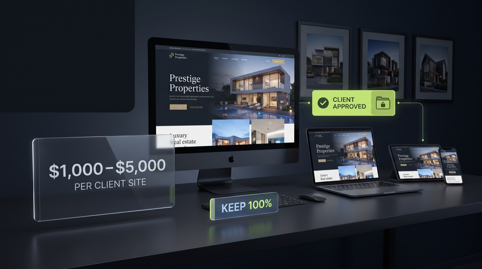 A completed luxury client website displayed across desktop, laptop, tablet and phone with client approval, four-figure site pricing and full agency profit rights