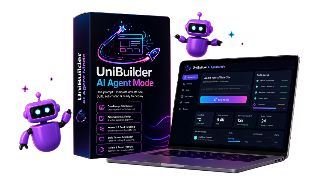 UniBuilder AI Agent Mode ecover and laptop stack showing the one-prompt site creation workflow