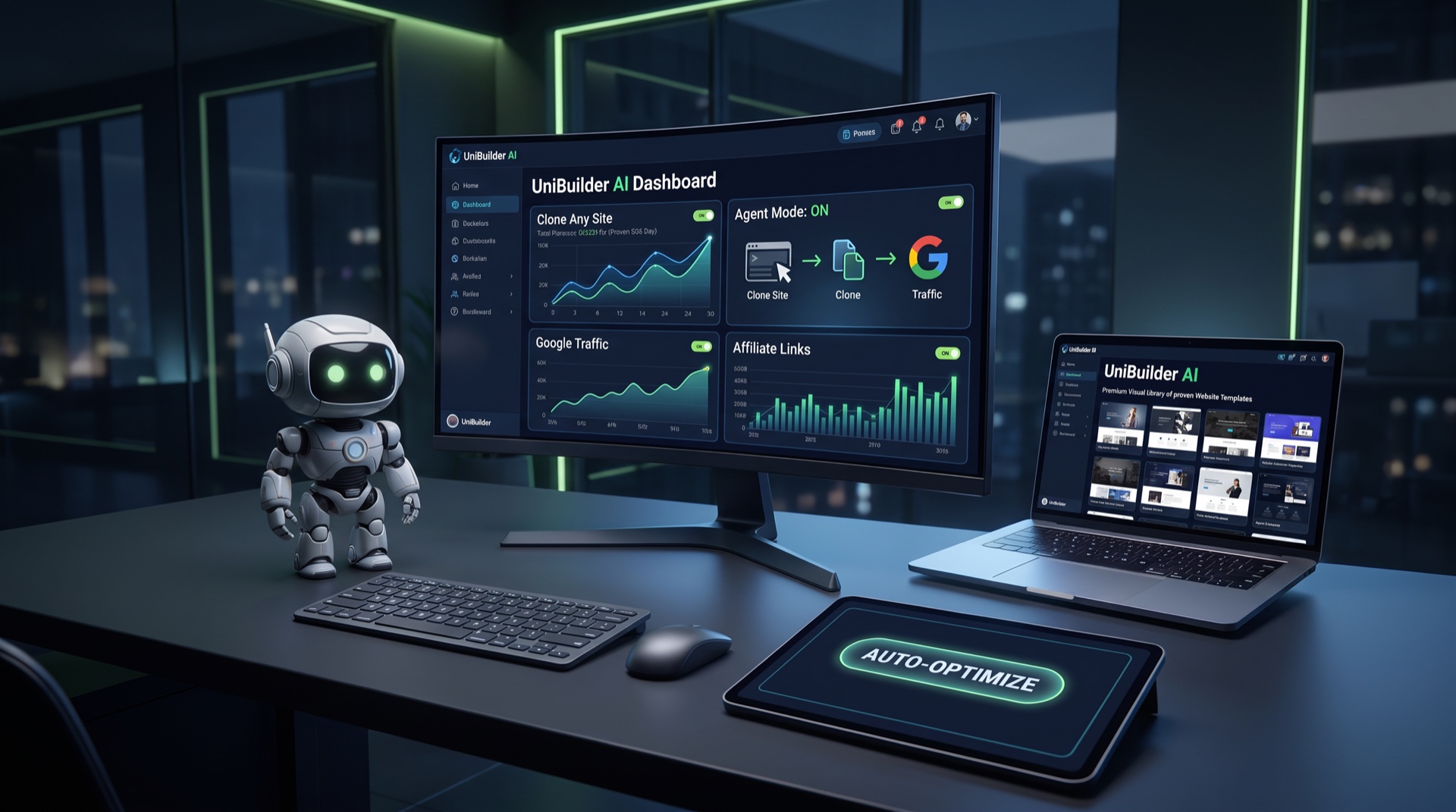 UniBuilder AI dashboard showing Clone Any Site, Agent Mode, Google Traffic and Affiliate Links across a monitor, laptop and tablet in a premium navy-and-lime command center