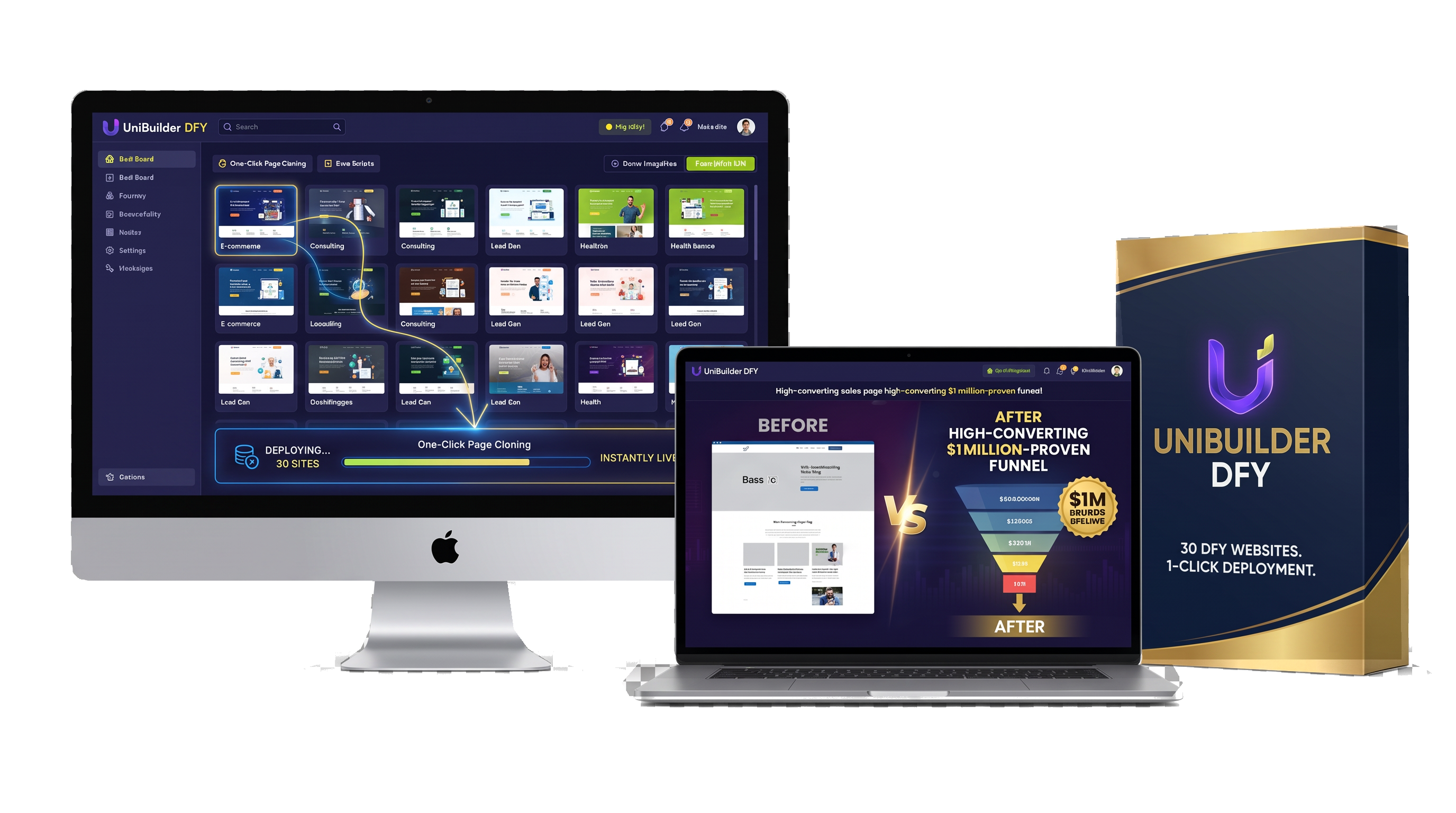 UniBuilder DFY Template Vault product stack with preloaded website library, deployment dashboard and software box