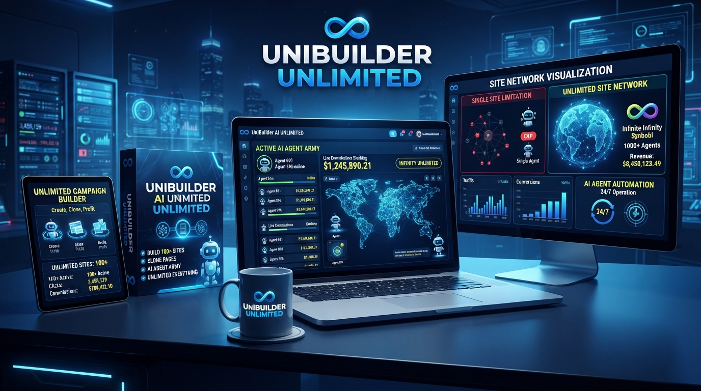 UniBuilder Pro Unlimited product stack with active AI agent network across desktop, laptop, tablet and software box