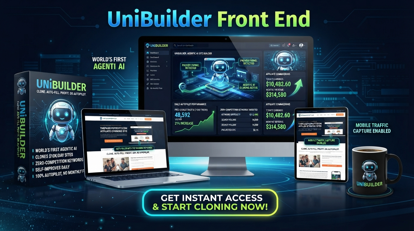 UniBuilder AI Starter and Frontend product stack shown across desktop, laptop, tablet and software box