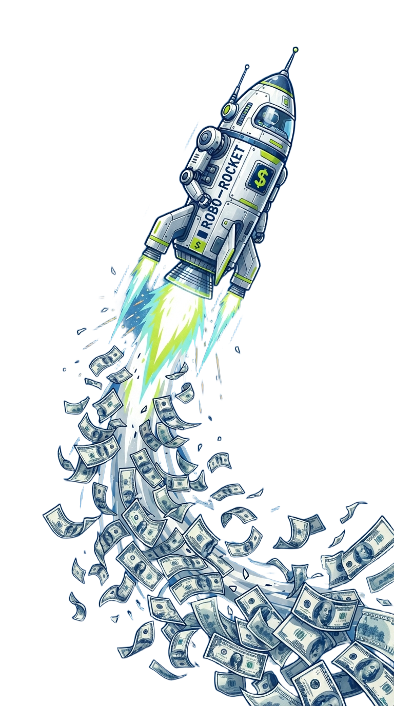 UniBuilder AI agentic robot mascot pointing upward on a dark neon-green gradient background