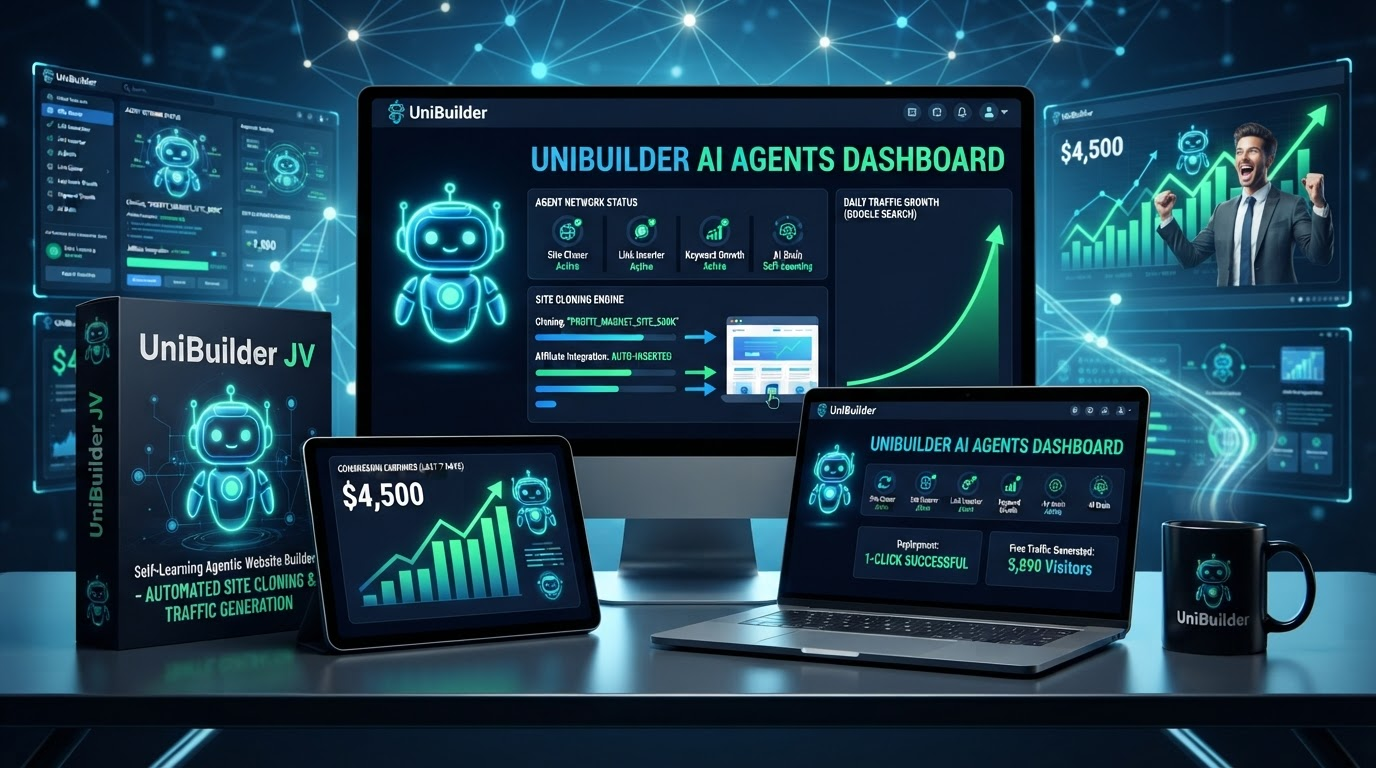 UniBuilder AI dashboard shown on laptop, monitor, tablet, software box and branded mug on a dark futuristic background