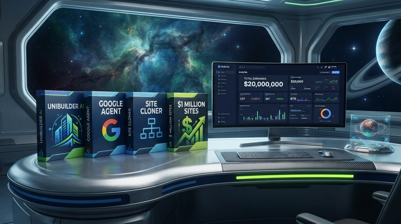 UniBuilder AI product stack shown on desktop, laptop, software box and workbooks on a dark futuristic background