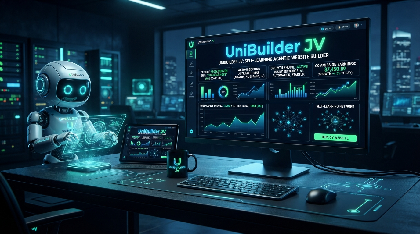 UniBuilder AI robot mascot beside a branded desktop monitor showing a glowing neon-green dashboard and a tablet on a modern dark-themed desk workspace