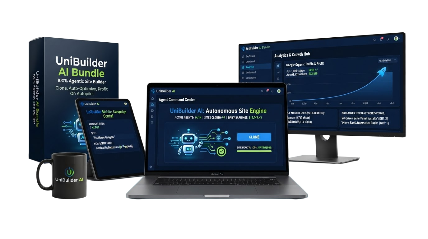 UniBuilder AI software box with agentic robot mascot and neon green branding on a dark futuristic background