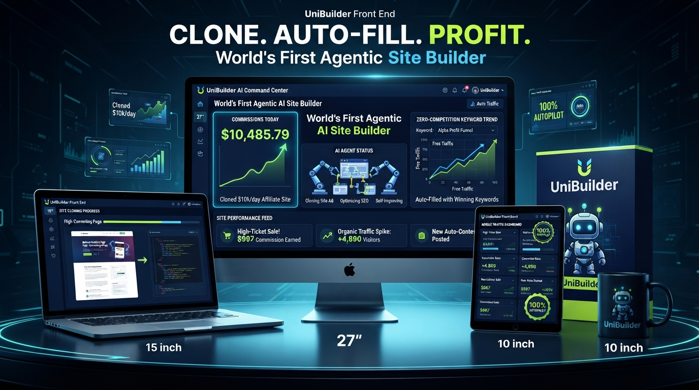 UniBuilder AI software box with agentic robot mascot and neon green branding on a dark futuristic background
