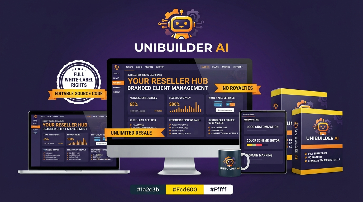 UniBuilder AI software box with agentic robot mascot and neon green branding on a dark futuristic background