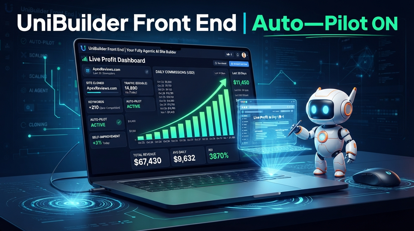 Laptop showing UniBuilder AI agentic dashboard with organic traffic trending upward and affiliate commission totals beside a neon robot mascot