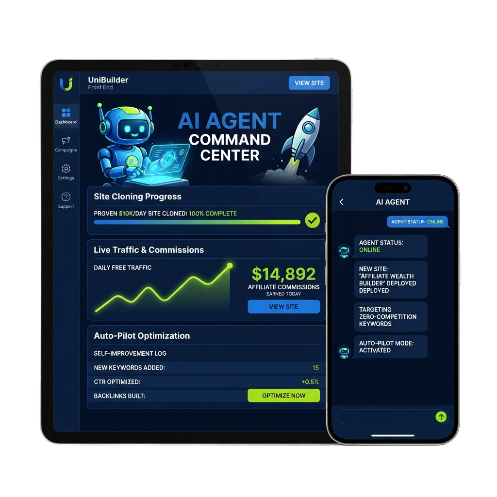 UniBuilder AI agentic dashboard shown on tablet and phone with neon green glow on dark futuristic background