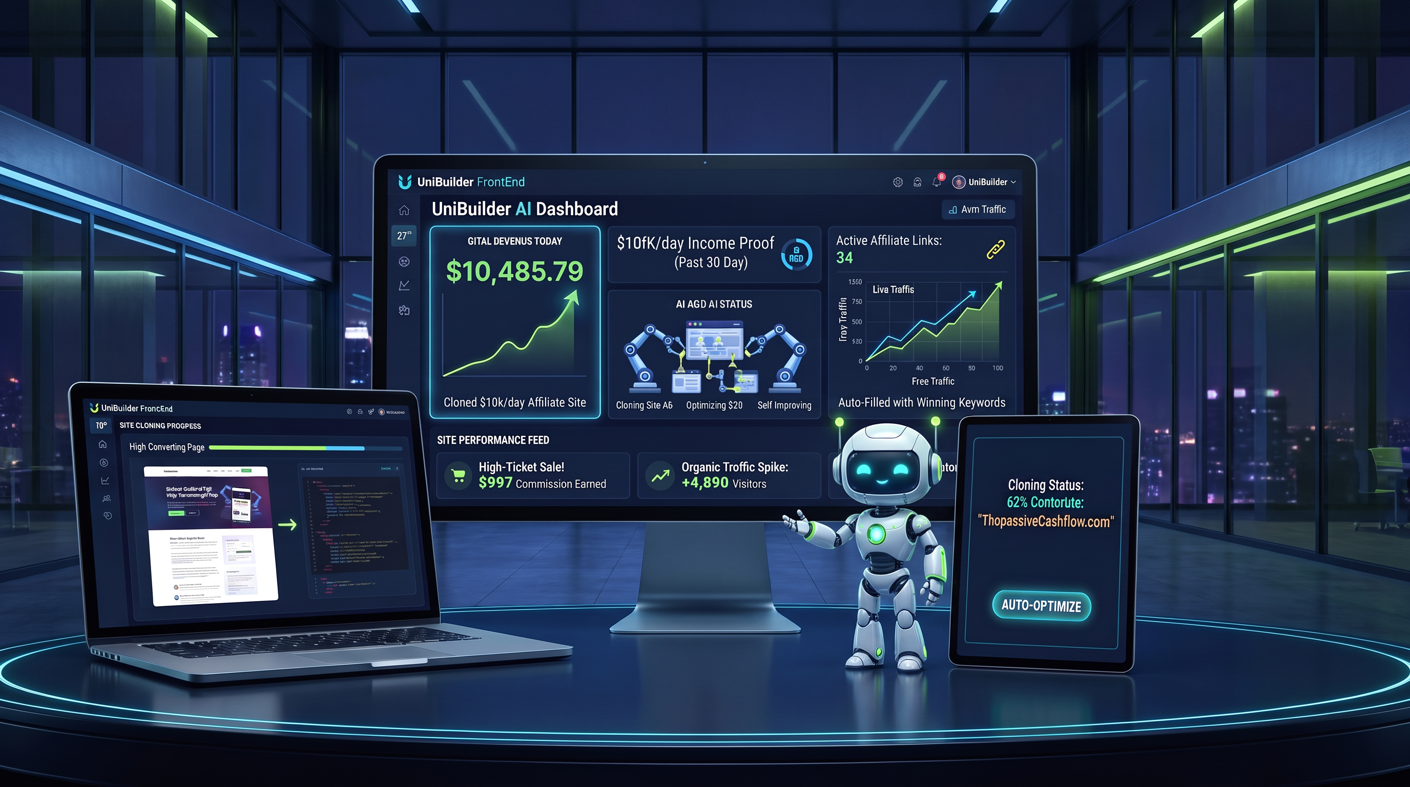 UniBuilder AI agentic dashboard presented across desktop, laptop and tablet with its AI assistant