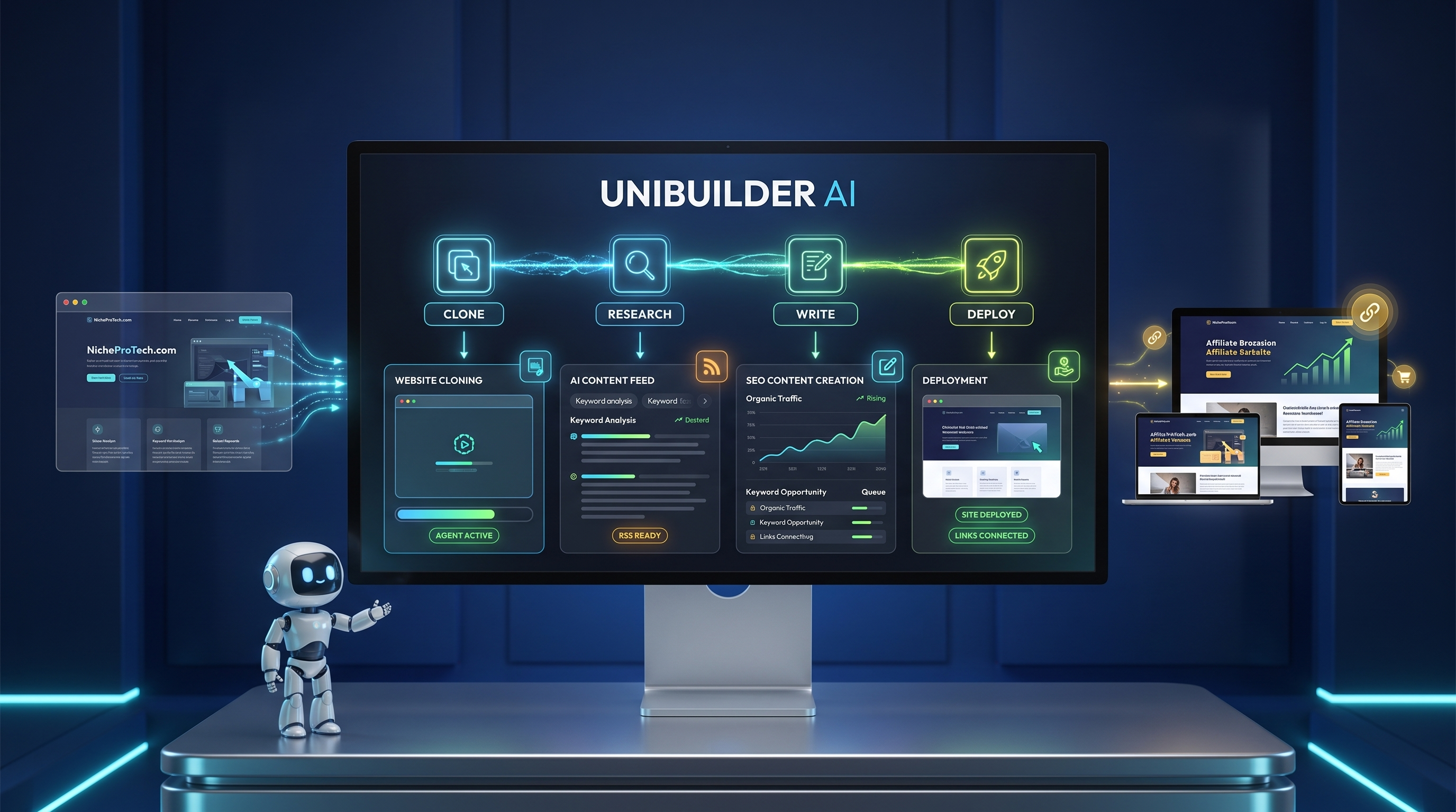 UniBuilder AI connected command center transforming a proven website through clone, research, write and deploy into finished monetized sites
