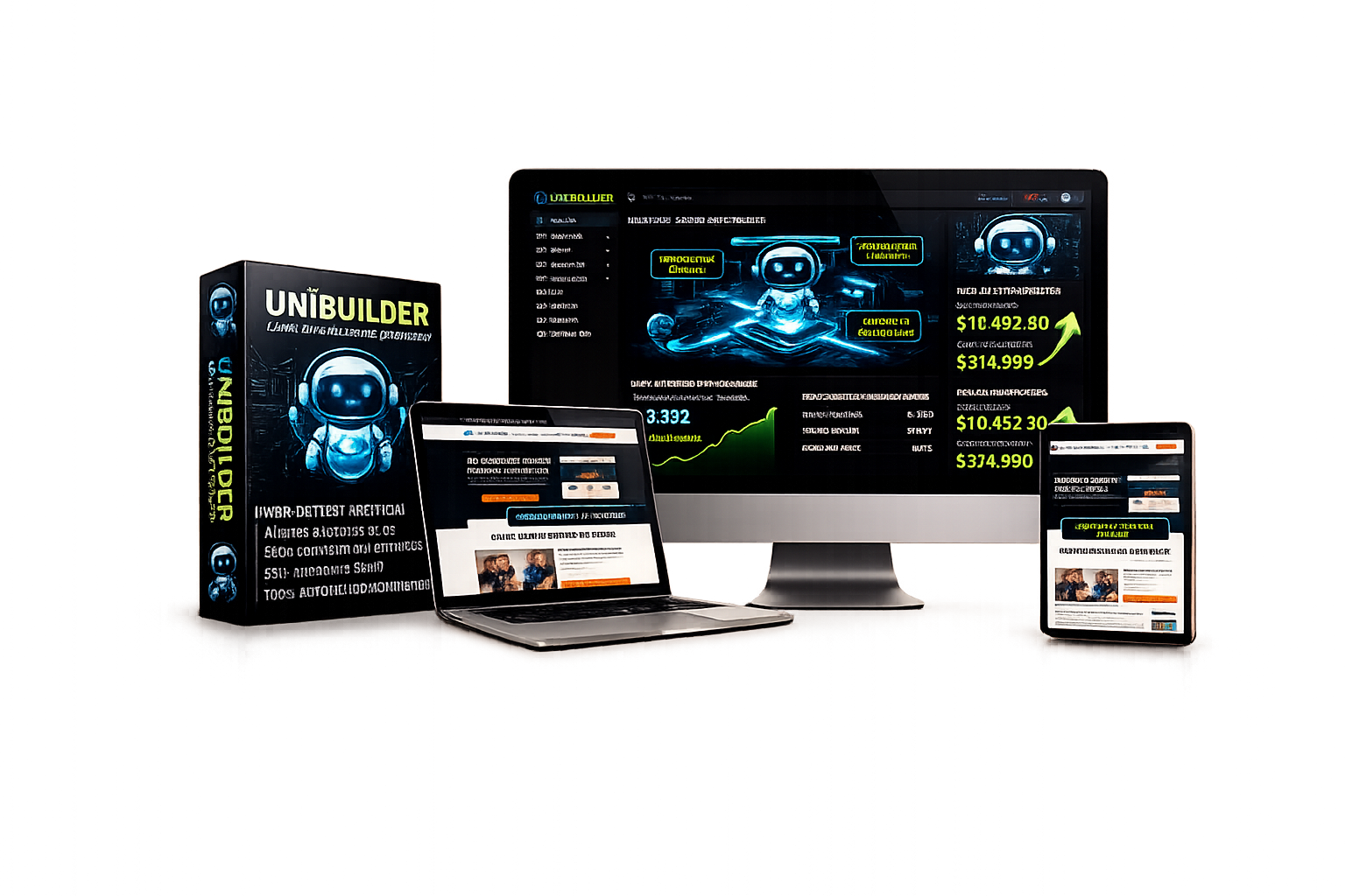 Approved UniBuilder Frontend product artwork showing the software box, desktop dashboard, laptop and tablet