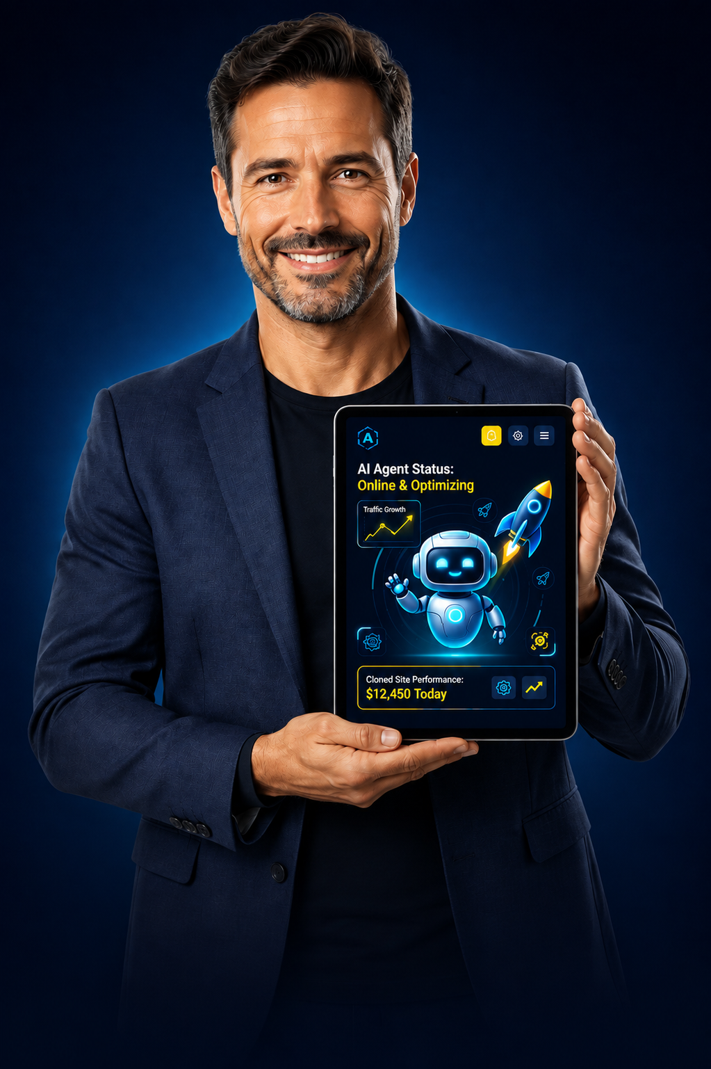 Male entrepreneur holding an AI-powered UniBuilder tablet dashboard