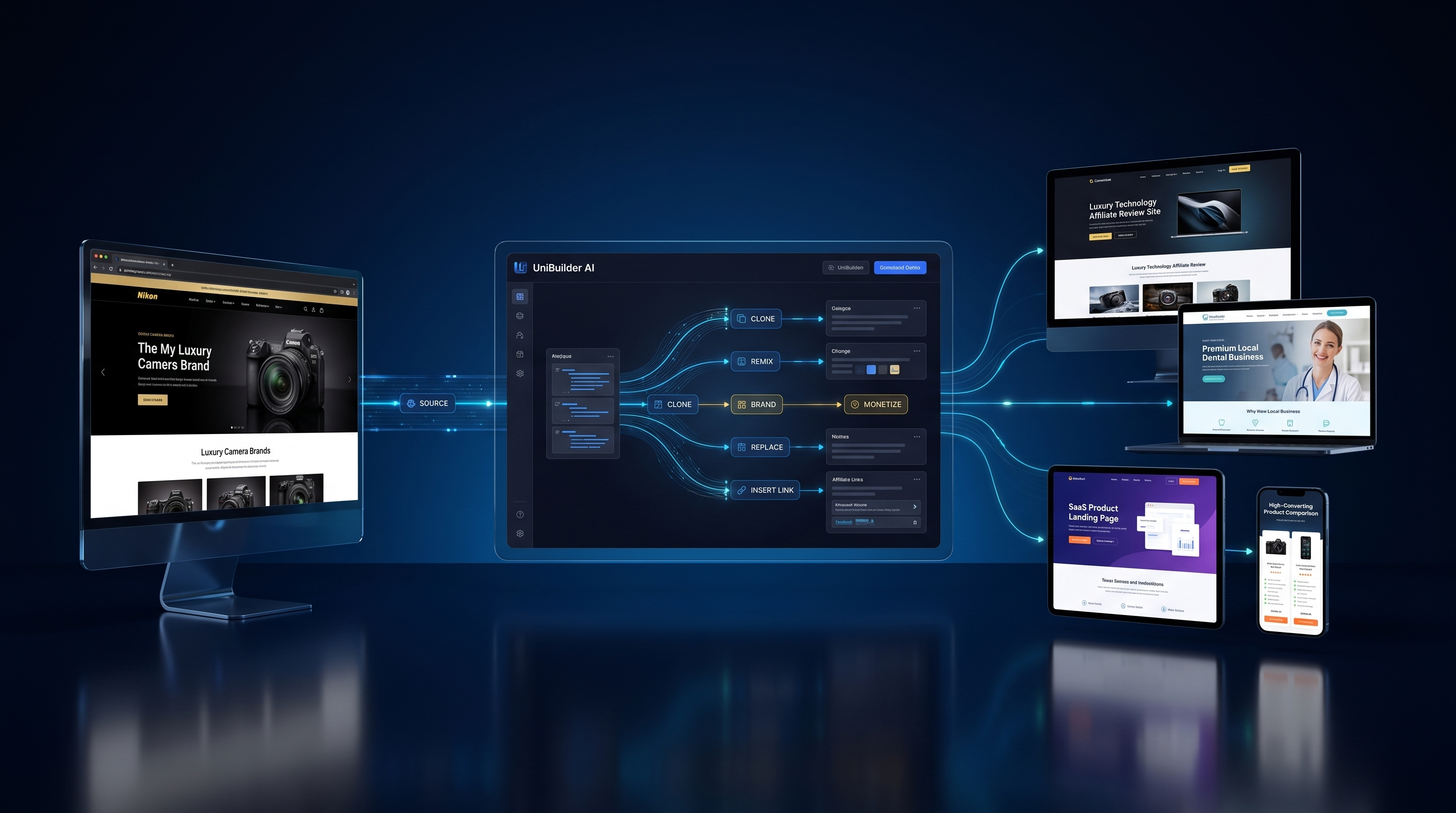 One proven website flowing through UniBuilder AI and becoming four distinct monetized websites