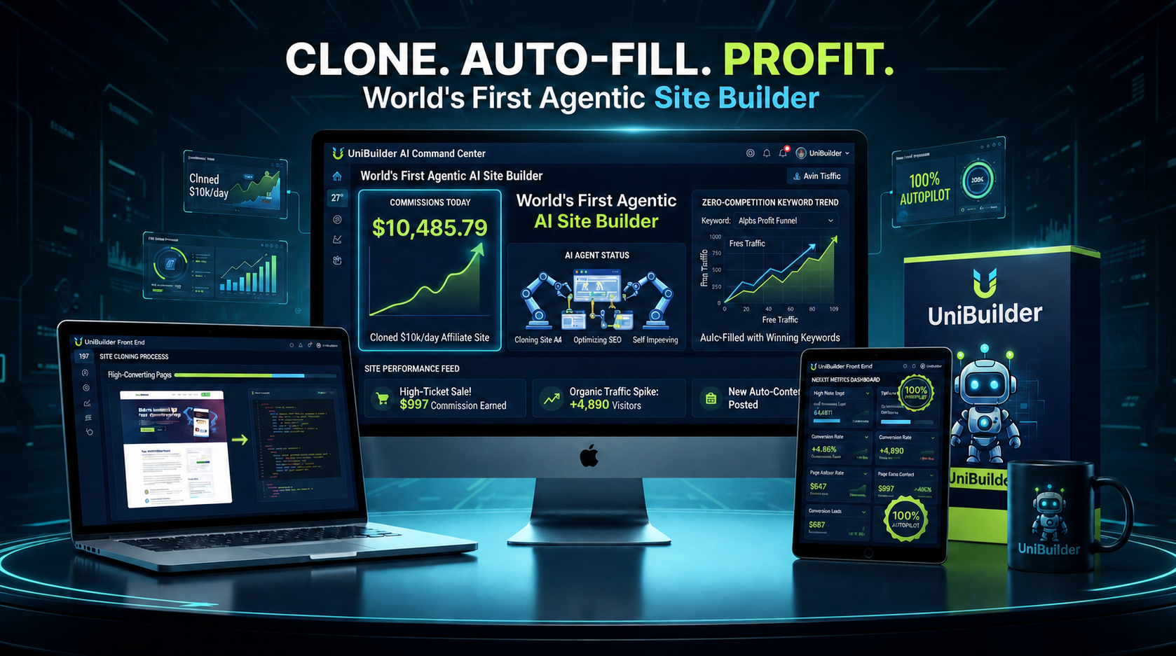 UniBuilder AI dashboard shown on desktop, laptop and tablet with product box and robot mascot on dark futuristic background